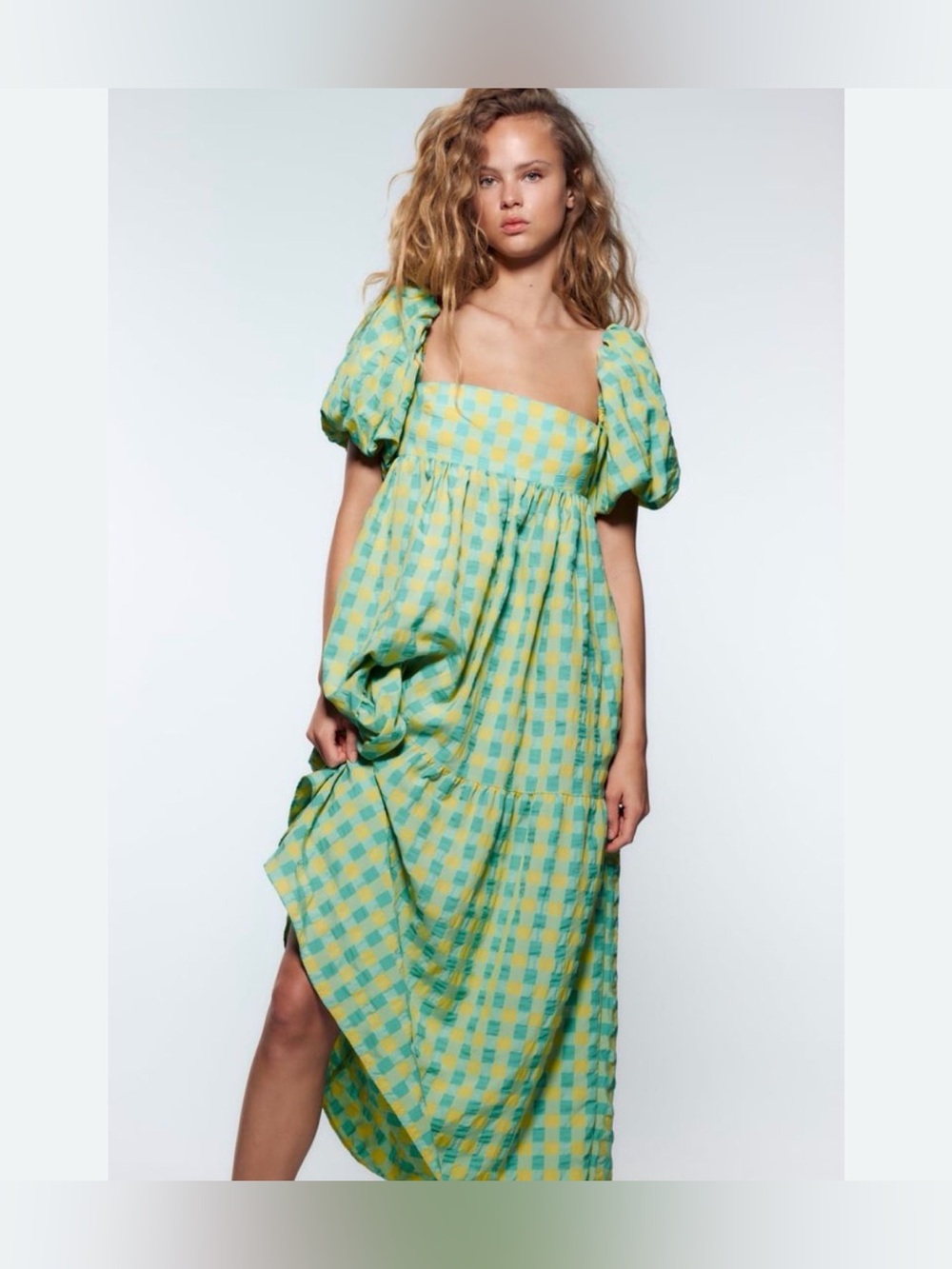 Zara Gingham Checkered Green Yellow Puff-Sleeve Sun Dress L